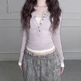 Spice Girl Style Half-Buckle V-Neck Fake Two T-Shirts In The Autumn New Dress-Up With A Bottom Shirt Woman HZ0107