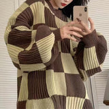 Lazy Wind Round-Neck Board Lattice Sweater Coat Autumn 2025 New Loose Large-Size Knitted Long-Sleeved Top Woman HZ0108