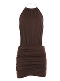 Women's Wind Folds Design Sexy Dew-Back With Dress Metal Hanging Neck Ringed To The Hip Dress HZ0108