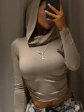 Street Wasteland Hooded Collar Folded T-Shirt Girl Long Sleeves Umbilical Solid Color Base Blouse HZ0108