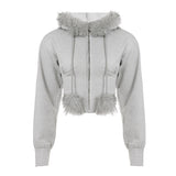 Vintage Hair Splicing Hair Collar Zipper Short Hoodie Women Autumn And Winter New Hottie Waist Thin Coat Tide HZ0107