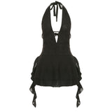 Wasteland Wind Hole Hollow Hanging Neck With Deep V-Neck Dress Hottie Sexy Ribbon A Swing Skirt HZ0108