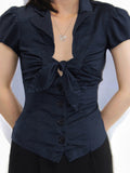 INS Hottie Bleeved Bubble Sleeve Shirt T-Shirt With Short-Blinked V-Neck Short-Sleeved T-Shirt HZ0107
