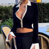 Spice Girl Style Elegant Black And White Hairy Woven Cardigan Autumn Slim Long Sleeve Rollover Short Top HZ0107