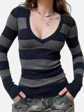 Vintage Sexy V-Neck Striped Wool Blouse New Slimy Individual Street Sleeve Sweater HZ0108