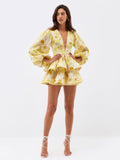 Summer Holiday Breeze Floral Dress Women's A-Shaped Dress Deep V-Neck Bubble Sleeves Slimmed Back Thin Babes HZ0108