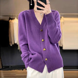 2025 Autumn And Winter New Pure Color Simple Knitted Shirt Love Buckle V Collar Women's Cardigan Outside The Loose Sweater Jacket HZ0108