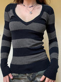 Vintage Sexy V-Neck Striped Wool Blouse New Slimy Individual Street Sleeve Sweater HZ0108