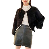 Spring And Autumn Imitation Stingy Knitted Women's Loose Lazy Lantern Sleeve Nail Pearl Side Sweater Knitted Cardigan HZ0108