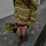 Autumn And Winter Trendy Retro Round Collar Loose Striped Sweater Cardigan Knit Coat Lazy Wind Top Woman HZ0108