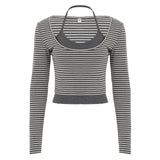Autumn New Stripes Splicing Two Sets Of Casual Blouse Hottie Foundation Hanging Neck Sling Long-Sleeved T-Shirt Girl HZ0107