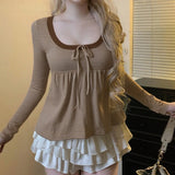 Early Autumn New Pure Hottie Style Stripe Spliced Bow Tie With Round-Neck Long-Sleeved T-Shirt Blouse Girl HZ0107